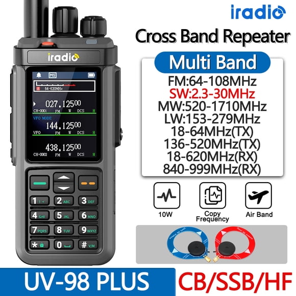 Iradio UV-98 Plus Radio Portátil Multibanda de 10W con GPS/APRS, Pantalla 2.4" y Repetidor Cruzado para Radioaficionados