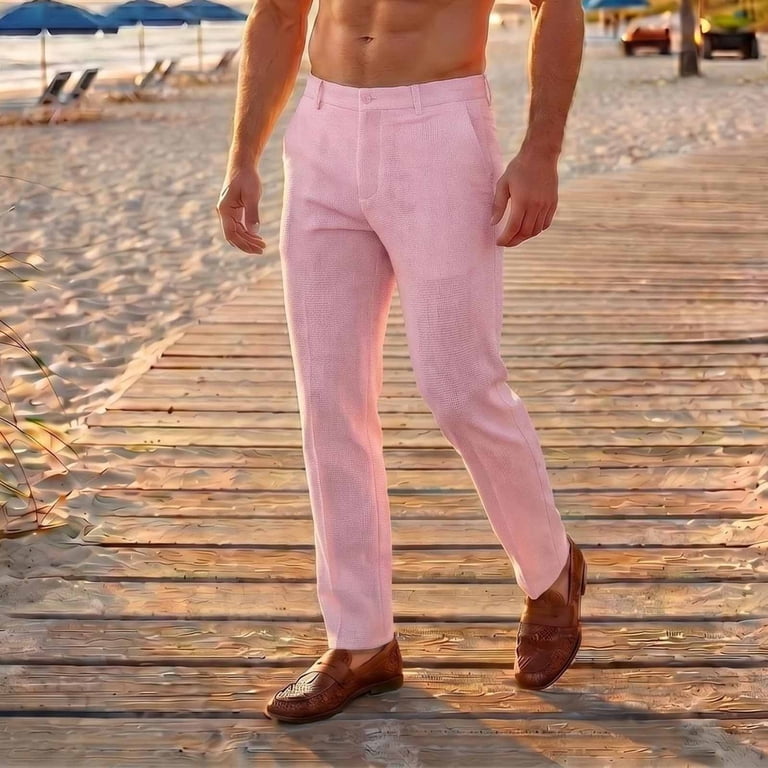 mens pink dress slacks Unique Bargains Men's Dress Pants, 96% Polyester 4% Spandex, White, Size 28, Plaid Flat Front Casual Business