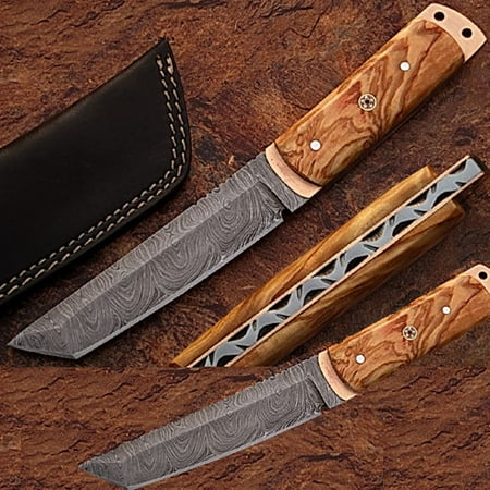 Custom Made Damascus Steel Tanto Point Hunting Knife Burl