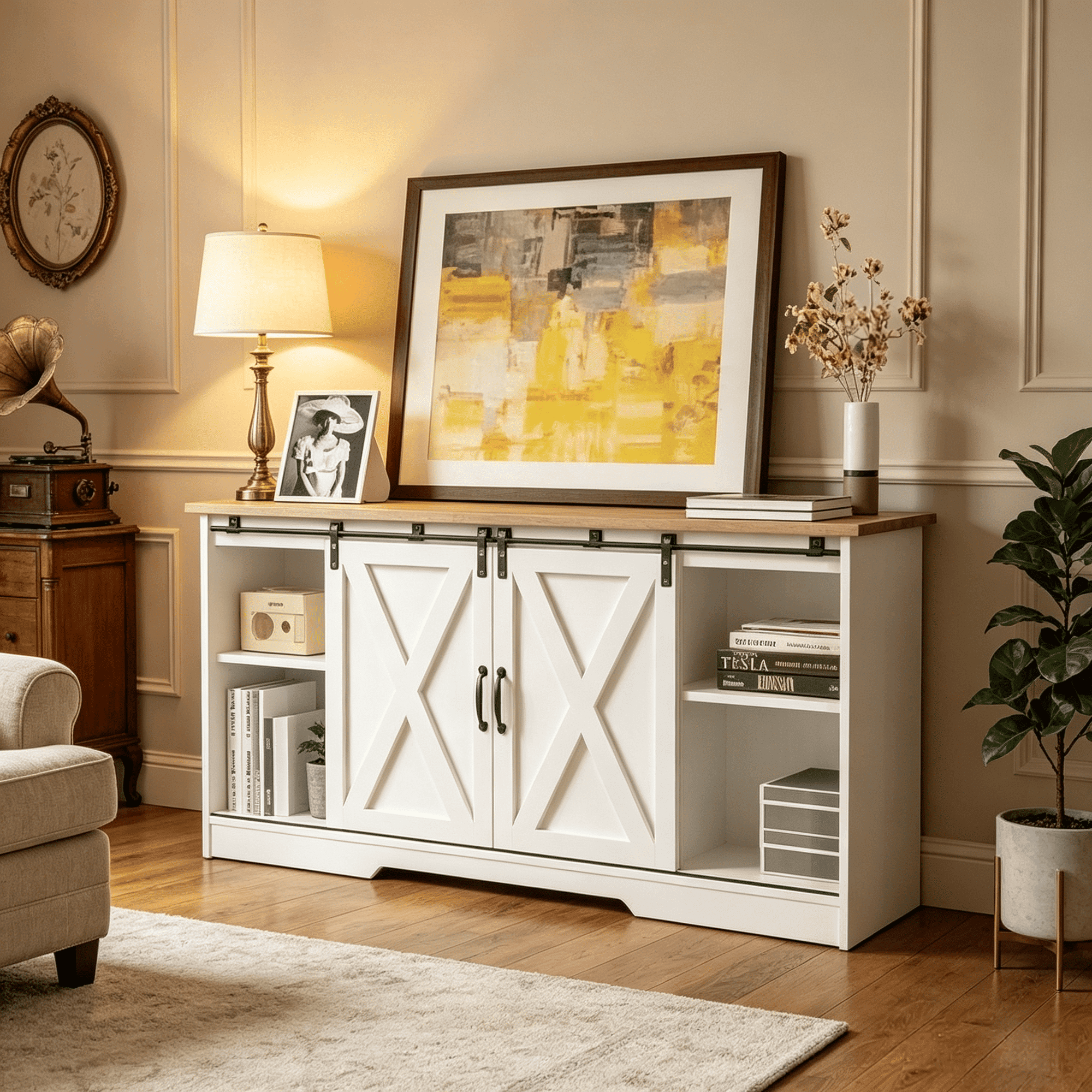 59'' Modern Farmhouse TV Stand for 65 inch TV, Sliding Barn Door Television Stands, Entertainment Center TV Media Console for Living Room, White