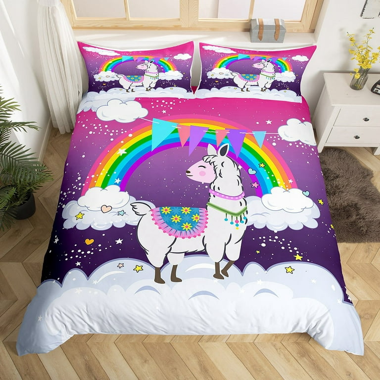 YST Rainbow Duvet Cover for Kids Girls,Cute Llama Bedding Set Twin