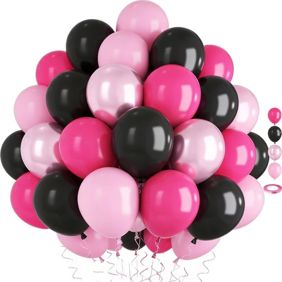 Pink and Black Balloons, 60PCS Hot Pink Black Balloon Set, 12Inch Pastel Light Rosa and Metallic Latex Balloons for Girls Women Princess Birthday Bachelorette Baby Shower Beauty Party Decorations