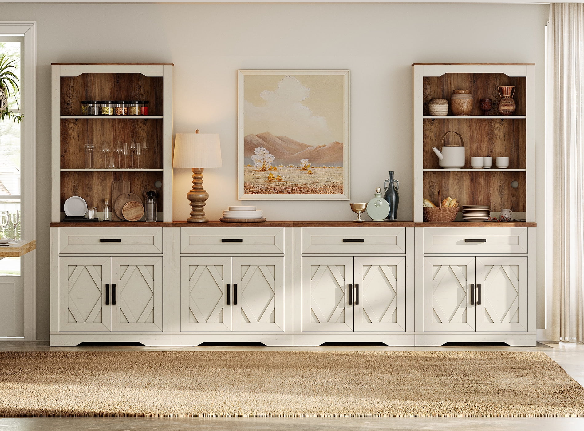 WAMPAT Farmhouse Entertainment Center with Bookshelf for TVs up to 70",Modern TV Stand with 73"H Tall 5-Tier Bookcase with Open Storage and Barn Doors for Living Room,Bedroom,Antique White