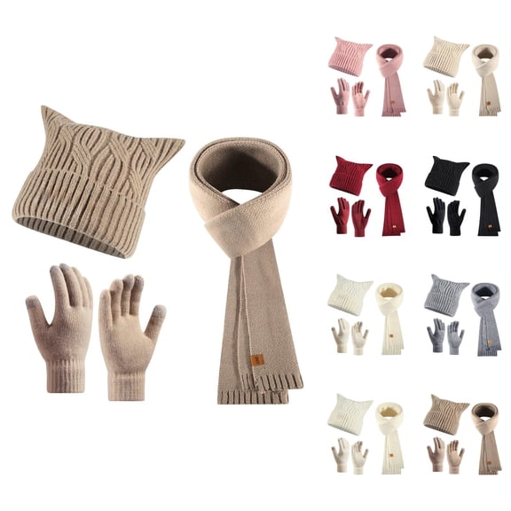 Women Cat Ear Knit Hat Scarf Gloves Set - Cute Plush Beanie Neck Warmer Mittens, Fashion Winter Warm Stocking Stuffers, Christmas Gifts For Girls