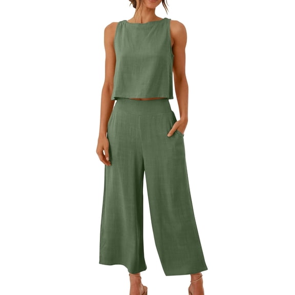 Womens 2 Piece Pants Sets Womens Summer Sets Clothing Set Female Round Neck Sleeveless Tops Pants Sets Long Pant Style S_119 Women's Tracksuits Green-1 XL
