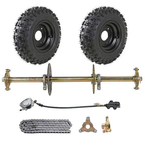 32" Go Kart Rear Live Axle Kit, DIY Parts, 4.10-6" Wheels Tires Rims, Brake Assembly, 3 Stud Wheel Hubs, 428 Sprocket for Mini Bike Drift Trike Golf Cart ATV Quad Buggy