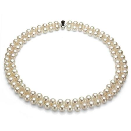 White Freshwater Pearl Necklace for Women, Sterling Silver 2 Row 17 & 18 7x8mm