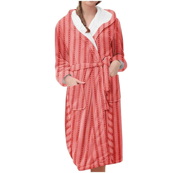 successthop Plus Size Flannel Robe Long for Women Fuzzy Soft Belted Long Sleepwear Stripe Bathrobe with Pockets Red L
