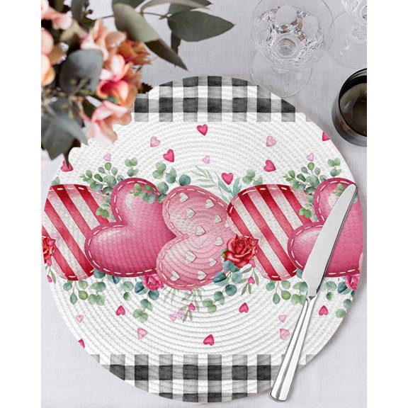 15 Inch Round Placemats Set of 4, Valentines Day Non Slip Heat Insulation PP Table Mats, Modern Love Heart Eucalyptus Leaf Black Plaid Washable Place Mats for Kitchen Dining Party Table Decor