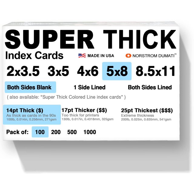100 fichas SUPER GRUESAS/ 5""x8"" / 14pt (0.014"") 100lb / en blanco sin rayas/archivo sin ácido