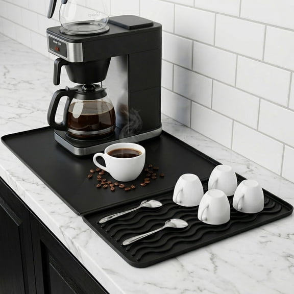 Silicone Coffee Mat for Countertop, 24”x16” with Dedicated Dish Drying Area, Coffee Bar Mat with Raised Edge, Coffee Maker Mat, Espresso Machine Mat, Coffee Station Mat, Bar Mat for Kitchen Counter