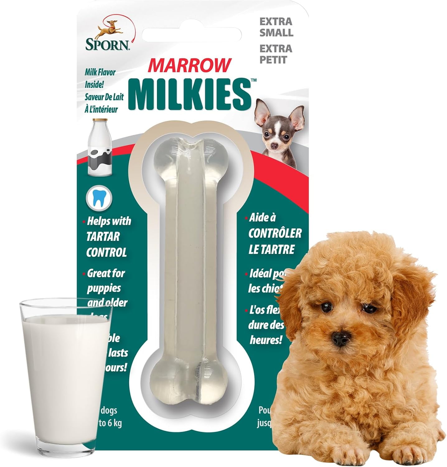 Sporn Marrow Milkies Chew Bones for Light Chewers, Milk Flavor Dog Chew Toys for Extra Small Dogs, Made with Soft Thermoplastic Rubber