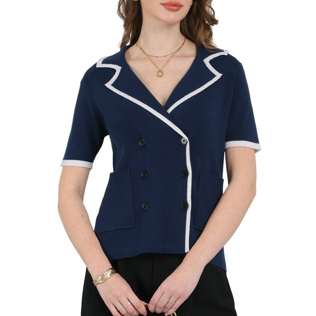 SUÉTER DE PUNTO DE MANGA CORTA DE DOBLE BOTONADURA Y COLOR CONTRASTANTE PARA MUJERES INSPIRE CHIC XL AZUL OSCURO