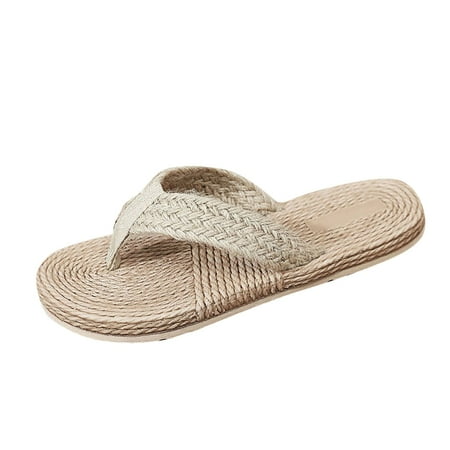 

Women Slippers Spring And Summer Women Slippers Cotton Linen Flip Flops Solid Color Woven Beach Flat Bottom Beige 8