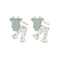 thumbnail image 3 of Baby Girls Summer Outfit, Short Sleeve Romper with Flower Leopard Print Flare Pants and Bowknot Headband, 3 of 10
