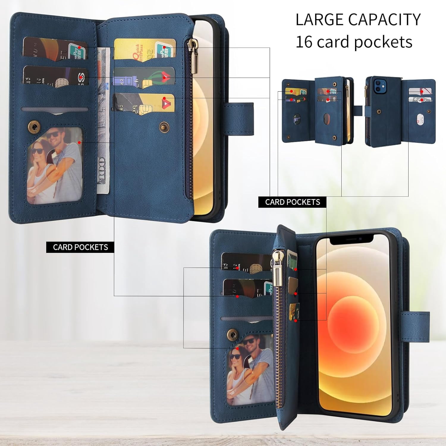 Solennerer Phone Case for iPhone 12 Mini 5.4 Wallet Cover with Tempered Glass Screen Protector and Wrist Strap Flip Credit Card Holder Slot Stand Cell iPhone12mini 5G i 12s iPhone12 12mini Women Men