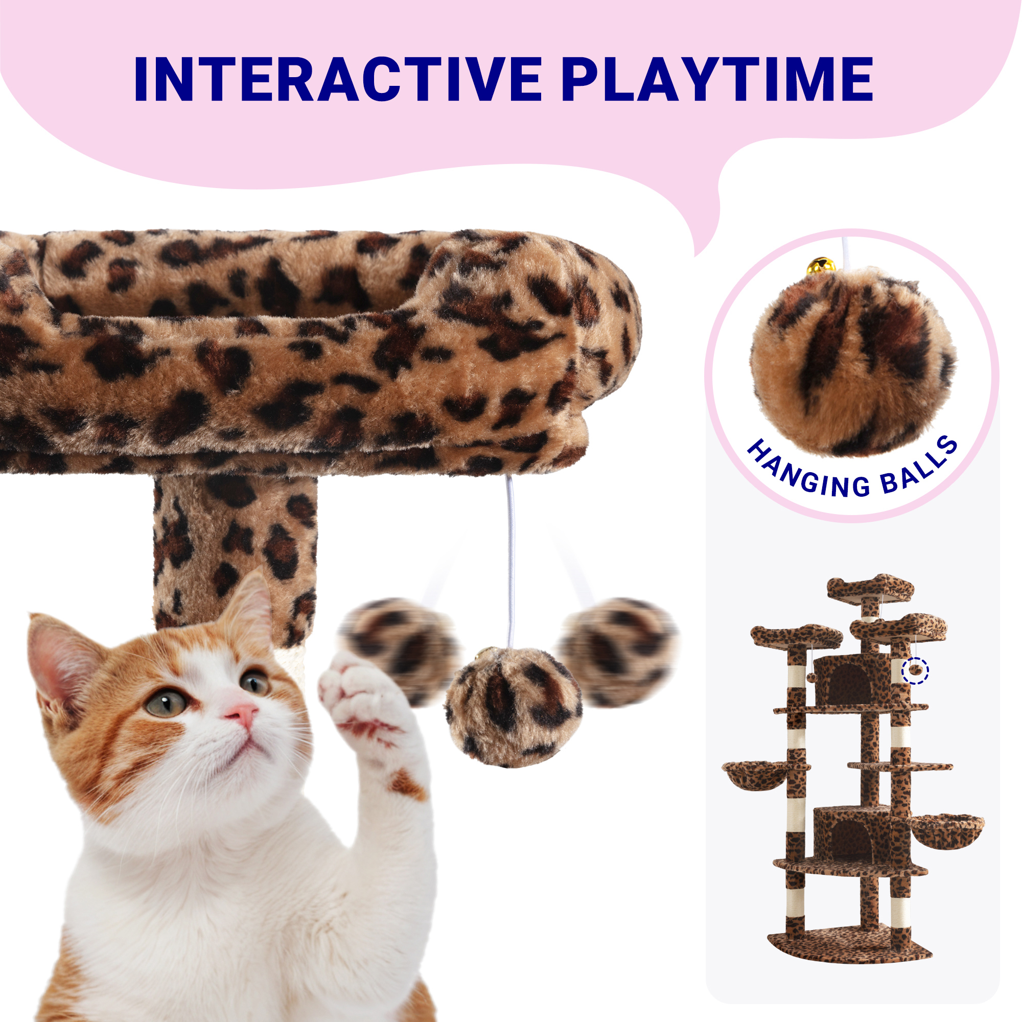 Allewie 73in Fan-Shaped Space-Saving Corner Cat Tower, Multi-Level Tall Cat Tree for Indoor Kitties, Cozy Baskets, Condos, House, Perches, Sisal Scratching Posts, Leopard Print