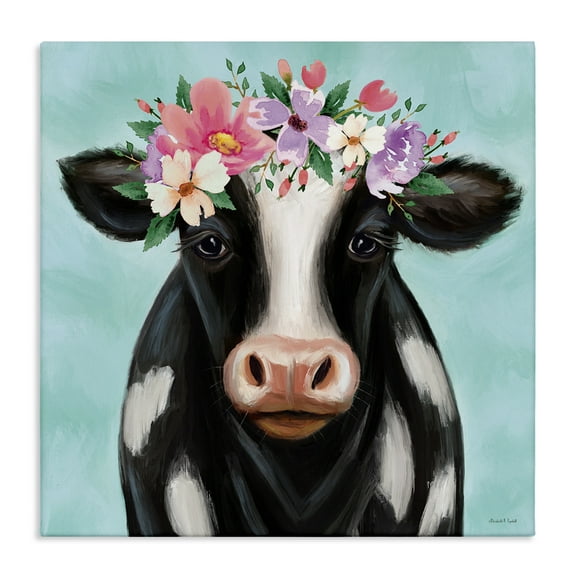 Stupell Industries Cow with Pastel Flowers Animals & Insects Painting Gallery Wrapped Canvas Art Print Wall Art, 17 x 17