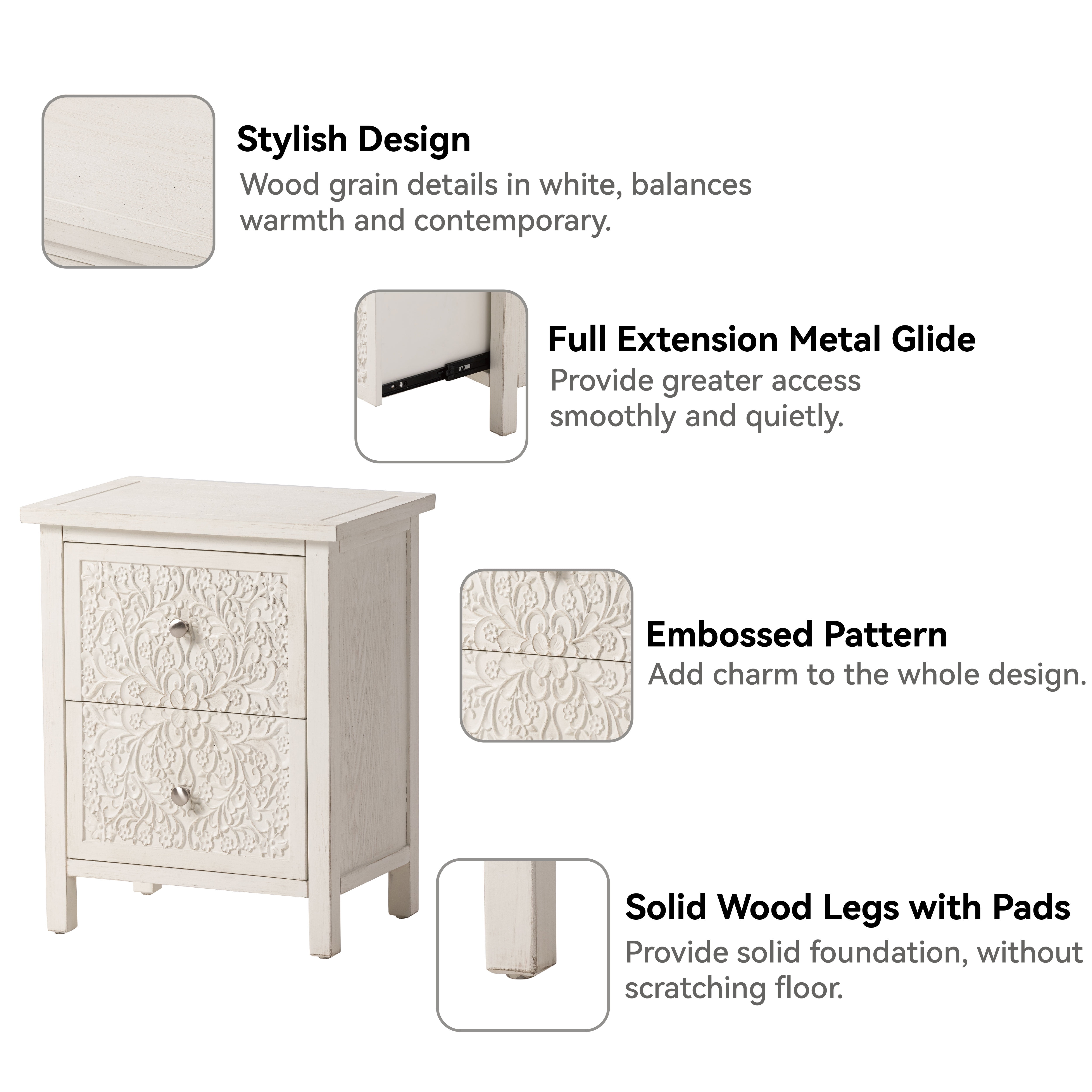 COZAYH Farmhouse Fully-Assembled Nightstand with 2-Drawer, Flower Motif End Table for Small Spaces, French Country, Modern, Distressed Finish, White-Washed