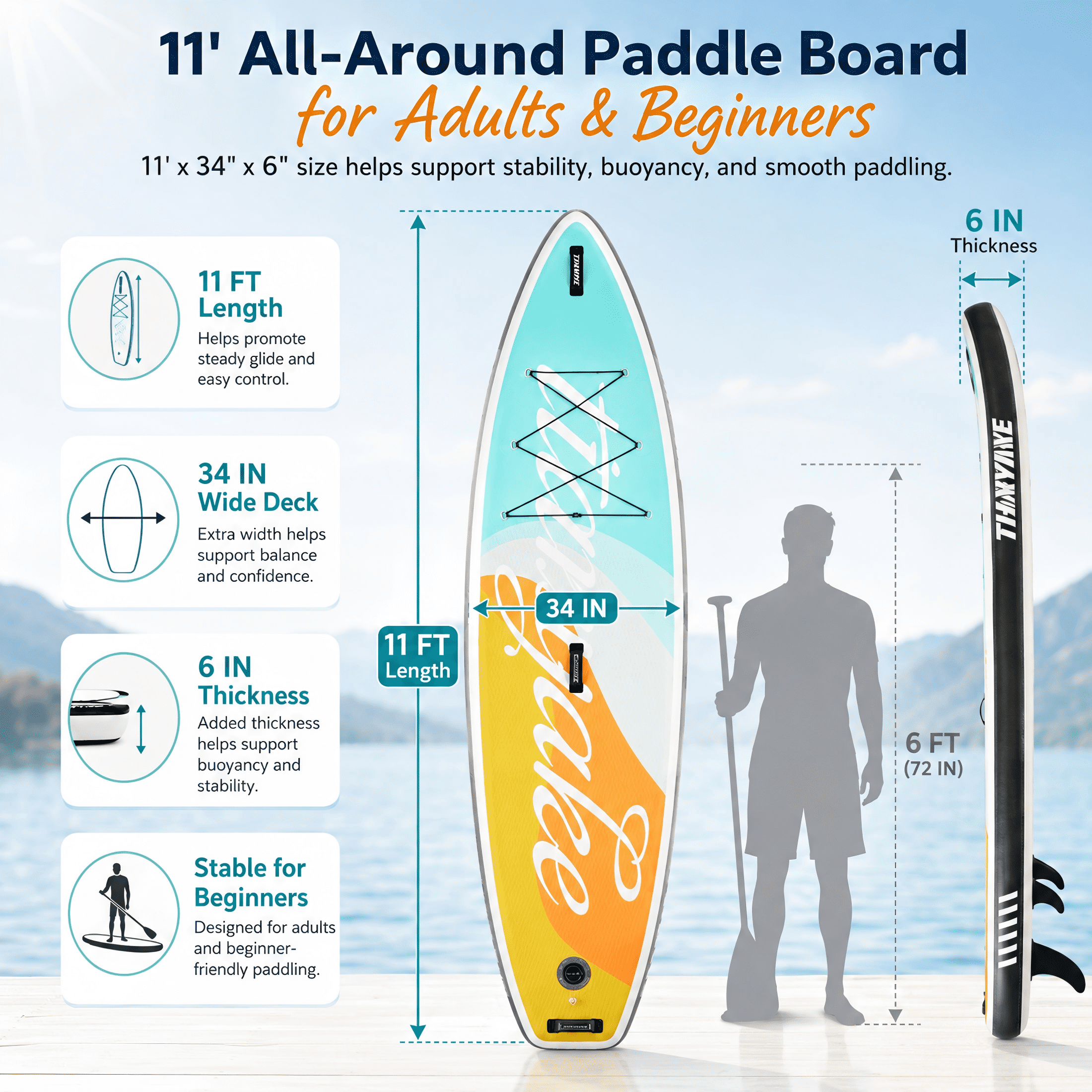 Rayocon 11ft Inflatable Paddle Board, Stand Up SUP Board for Adults & Beginners, Wide Paddleboard with Premium Accessories, Green