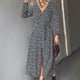 thumbnail image 2 of Moda mujer cuello en V impresión manga larga cordón Slim Fit Split dobladillo vestido Pompotops hdfakjf6894, 2 of 9