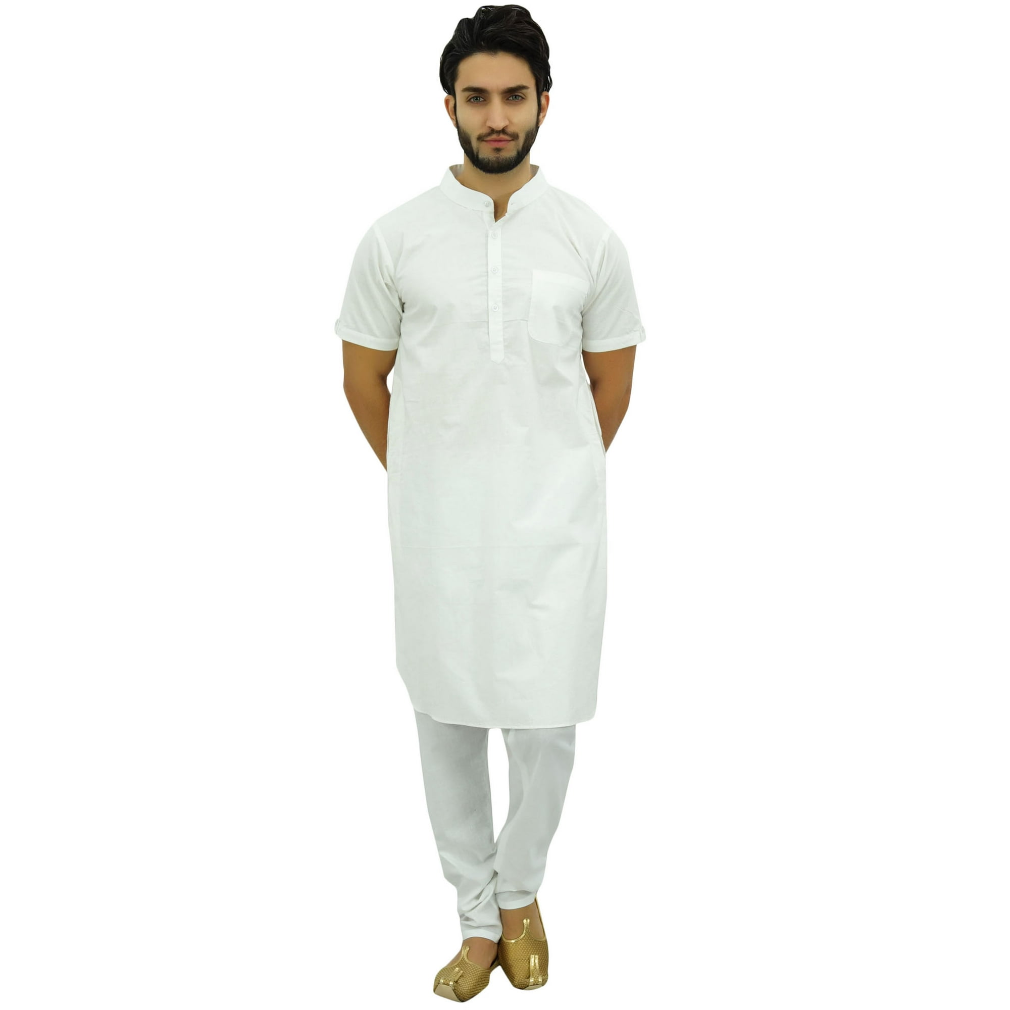 Atasi Men s Ethnic White Kurta Pajama Set Casual Collar Punjabi Long Shirt Xx Large White