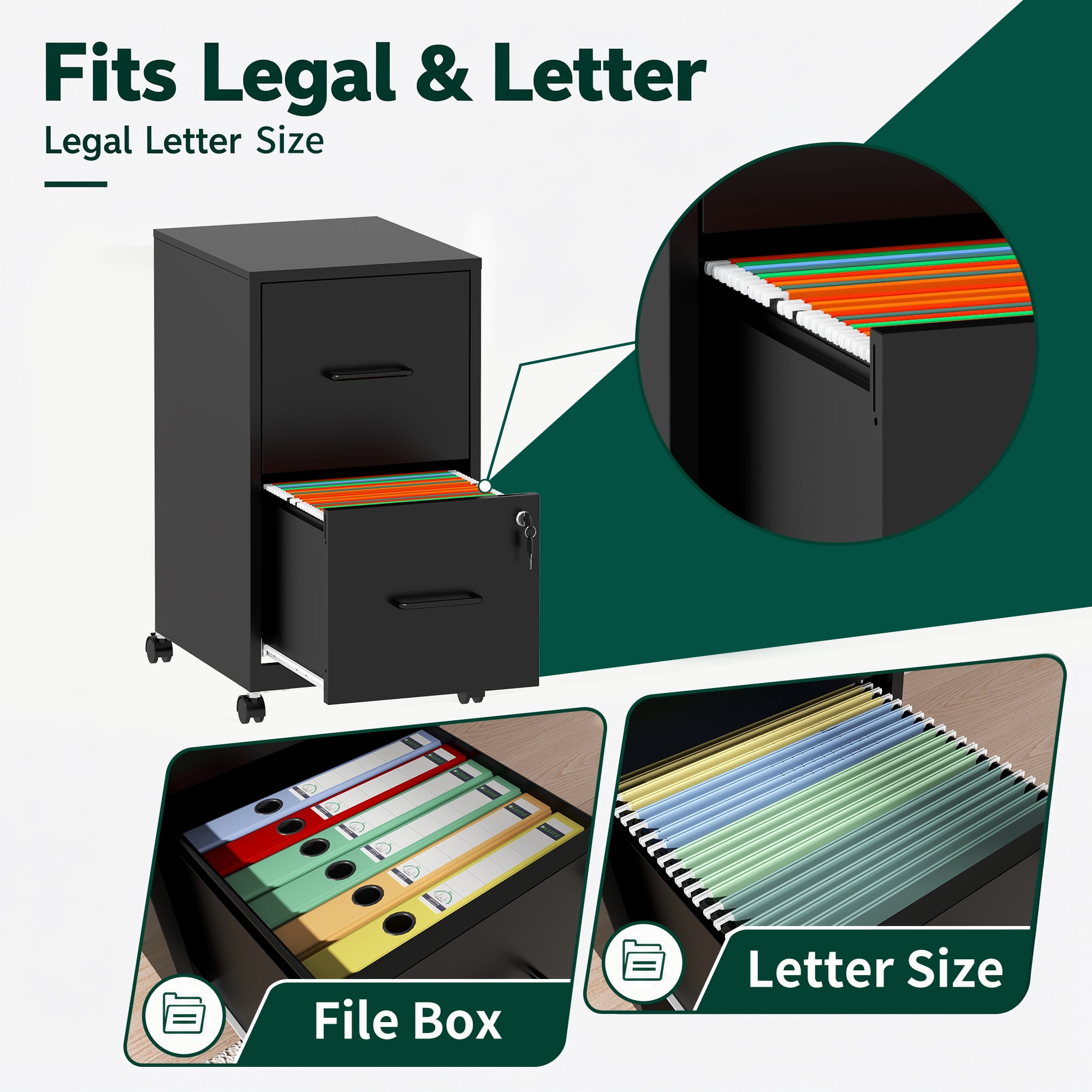 2 Drawer Lockable Metal File Cabinet WIth Wheel, Vertical Under Desk Steel Filing Cabinet with Wall Anti-Tip Kit, Heavy Duty Office Storage Cabinet for Letter/Legal Size Files, Black