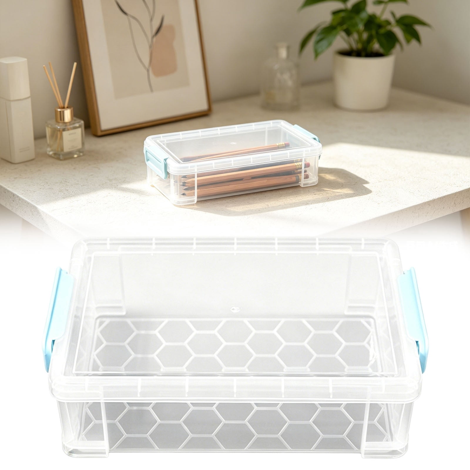 KUMHONW 2 Pack Extra Large Pencil Box,Plastic Pencil Case Organizer,Clear Crayon Box Marker Organizer,Stackable Craft Organizers and Storage for Pen,Craft,Art Supply(Black*1+Blue*1)