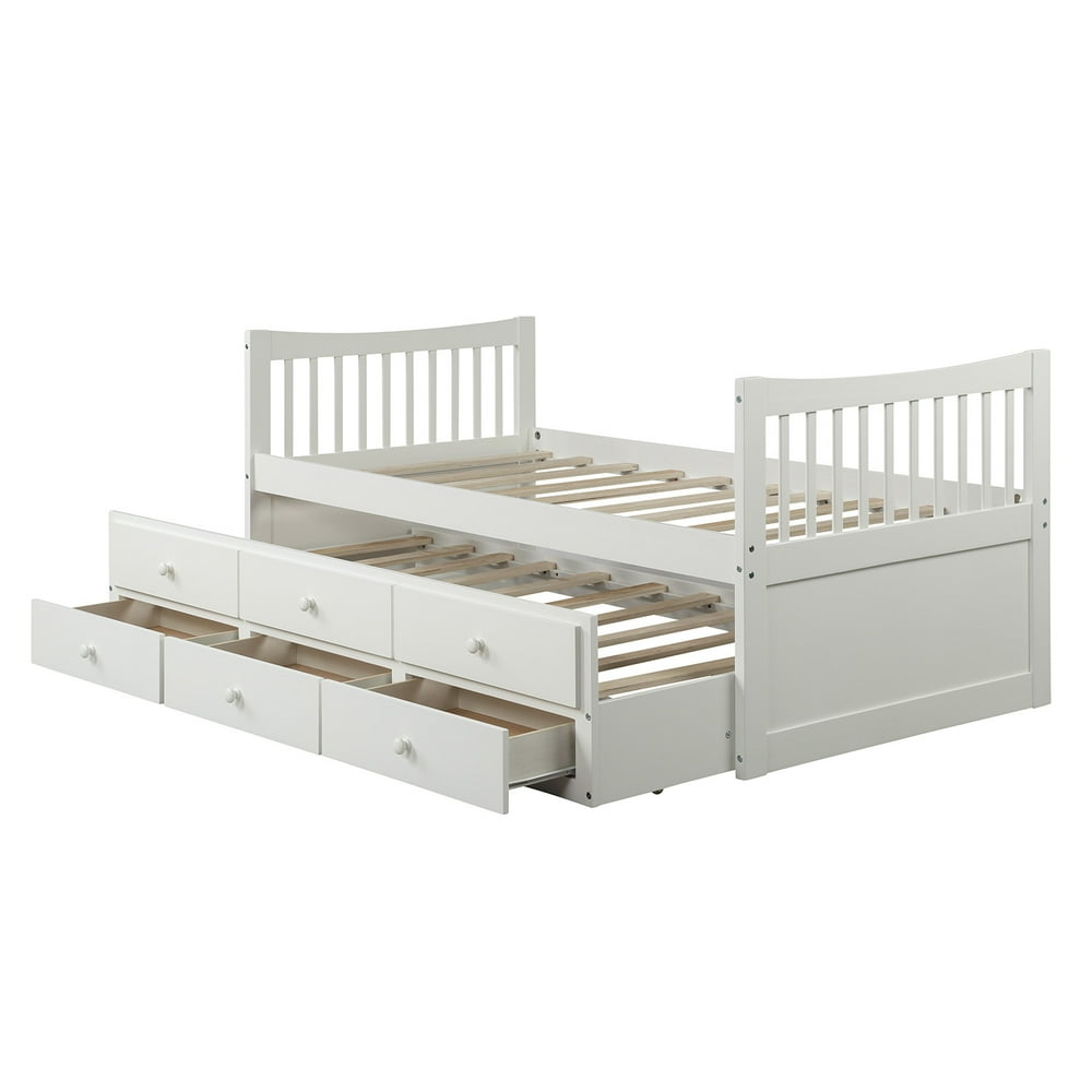 White Twin Bed Frame, Kids Captain's Bed with Trundle Bed and Drawers