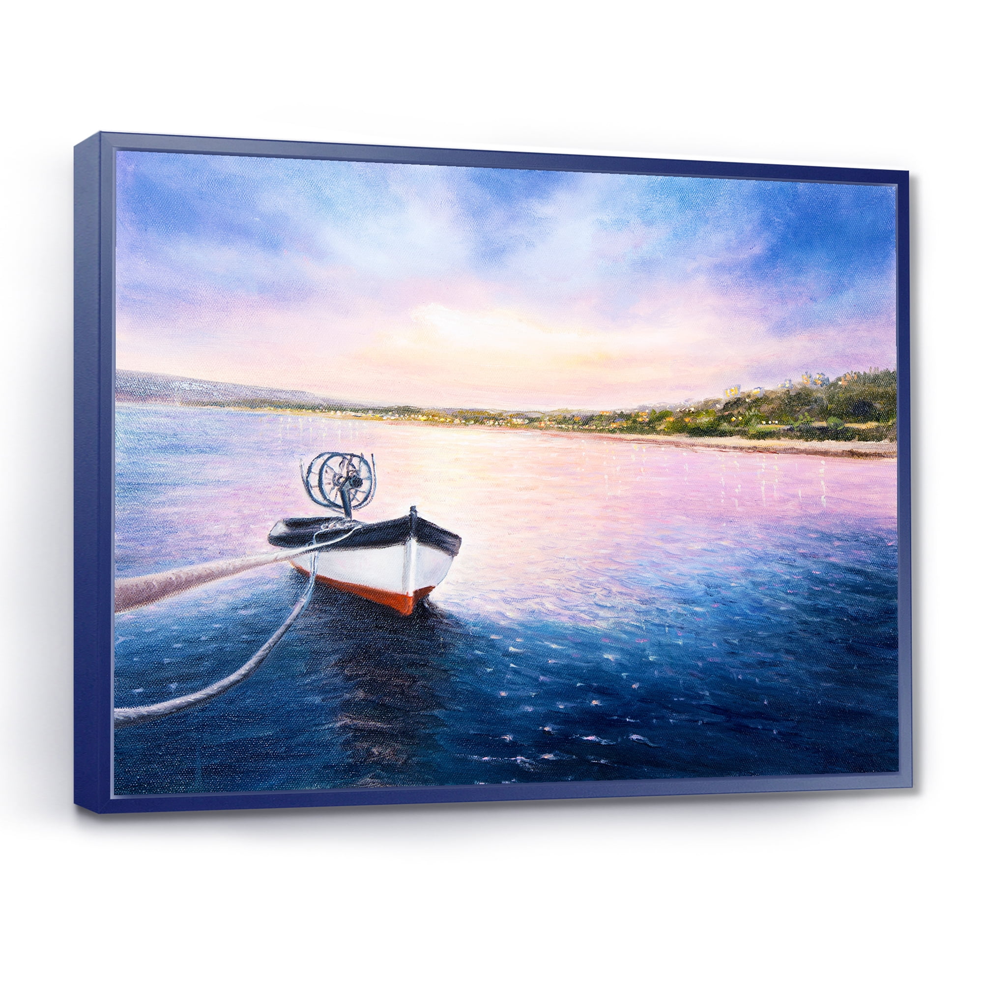 Vibrant Sunset Over Fishing Boat By The Shore 20 in x 12 in Framed Painting Canvas Art Print, by Designart