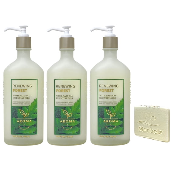 Bath & Body Works Aroma Renewing Forest 3 Moisturizing Body Lotions with a Natural Oats Sample Soap