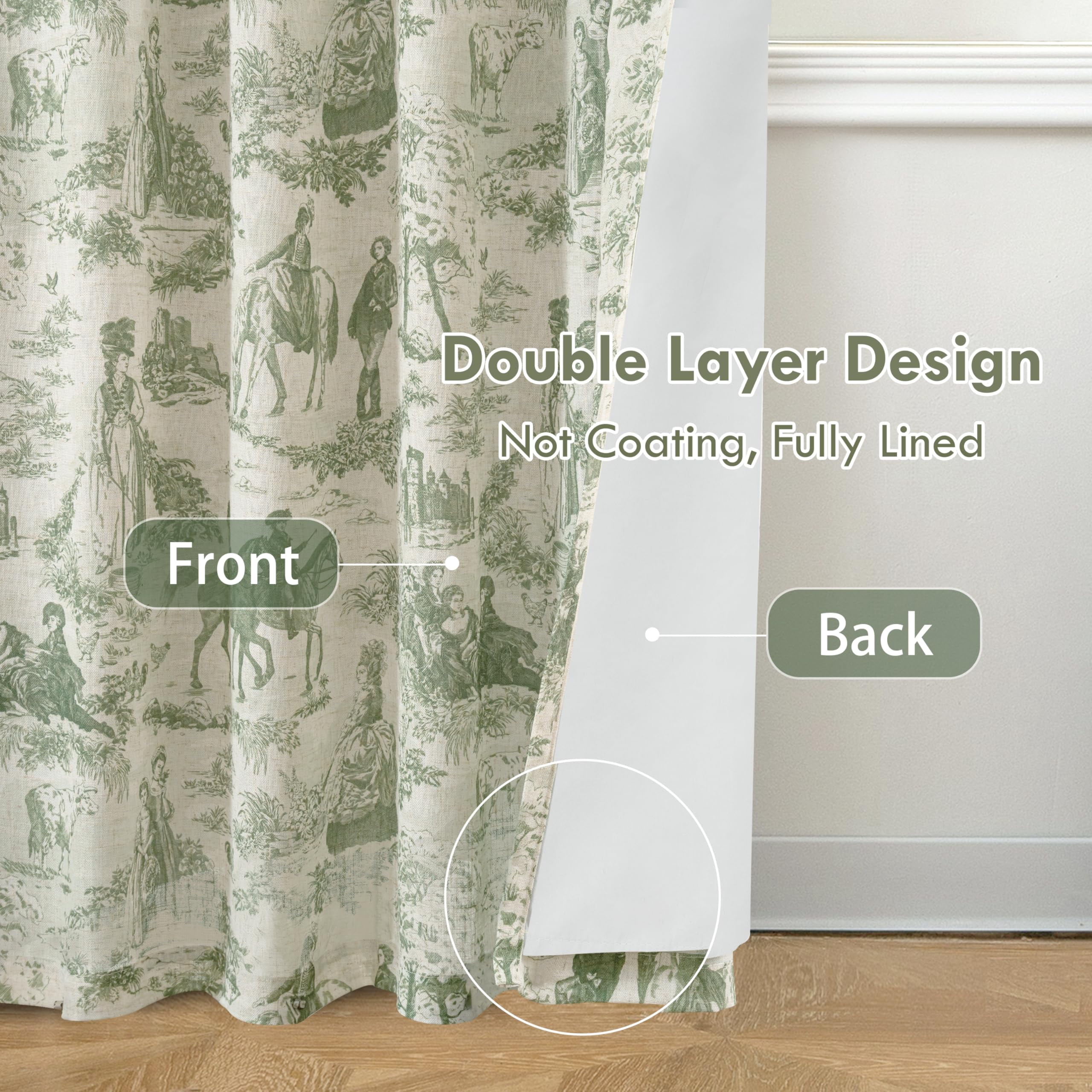 DriftAway 100% Blackout Toile Linen Curtains for Bedroom Double Layer Farmhouse French Country Vintage Printed Pattern Thermal Sound Lined Back Tab Drapes 96 inch Long 2 Panels Loden Green
