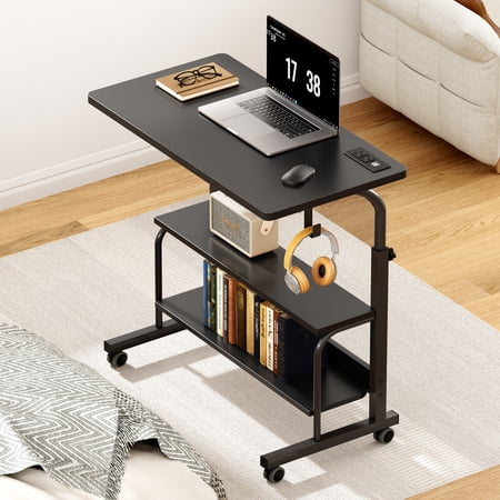 SogesPower Adjustable Side Table on Wheels,Mobile Desk with Two Storage Compartments,USB Ports,Sockets,Black