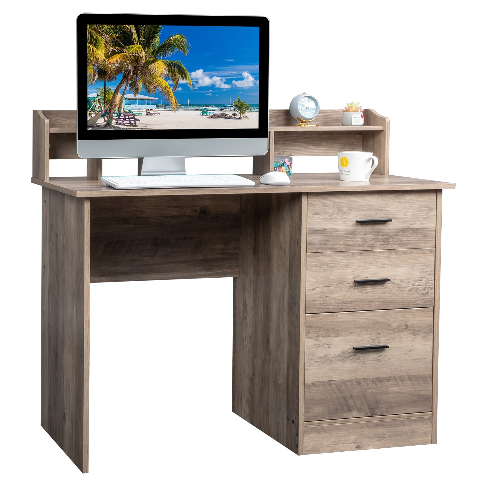 Ktaxon Gaming Desk with 3 Drawers, Computer Desk with Desktop Storage Rack&Anti-slip Separator for Home Office, Oak