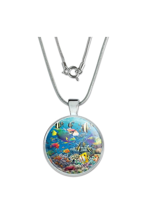 Ocean Coral Reef Angel Clown Fish Diving 1" Pendant with Sterling Silver Plated Chain