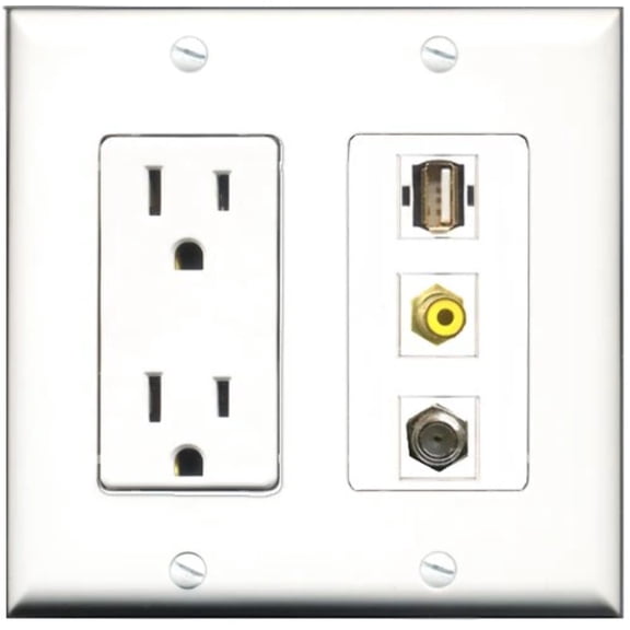 RiteAV - 15 Amp Power Outlet 1 Port RCA Yellow 1 Port Coax 1 Port USB A-A Decorative Wall Plate