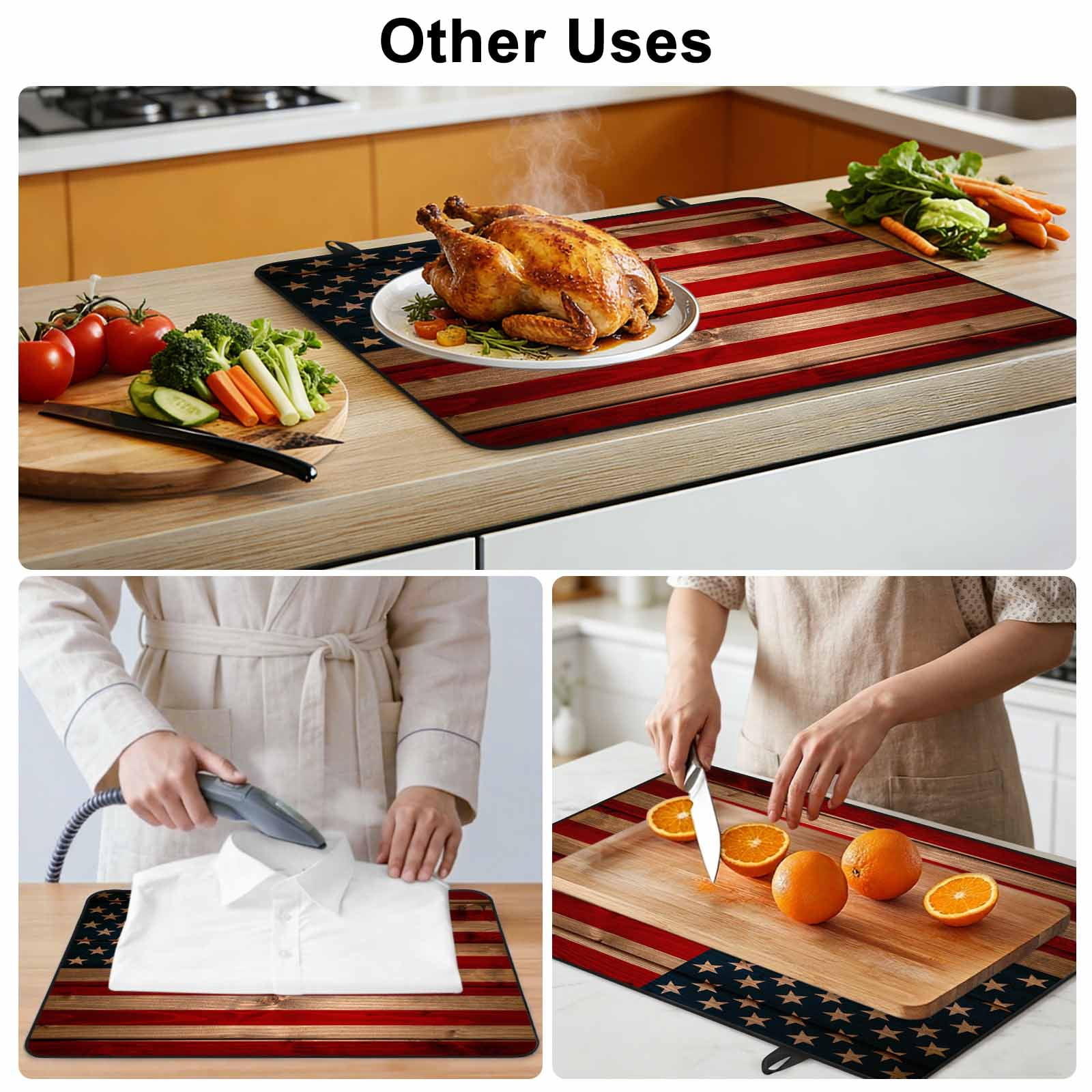 American Flag Stove Top Cover for Electric Stove, Heat-proof & Non Slip Glass Top Stove Cover Protector, Blue Red USA Flag Vintage Wooden Kitchen Flat Cooktop Rubber Mat 24x21 Inches