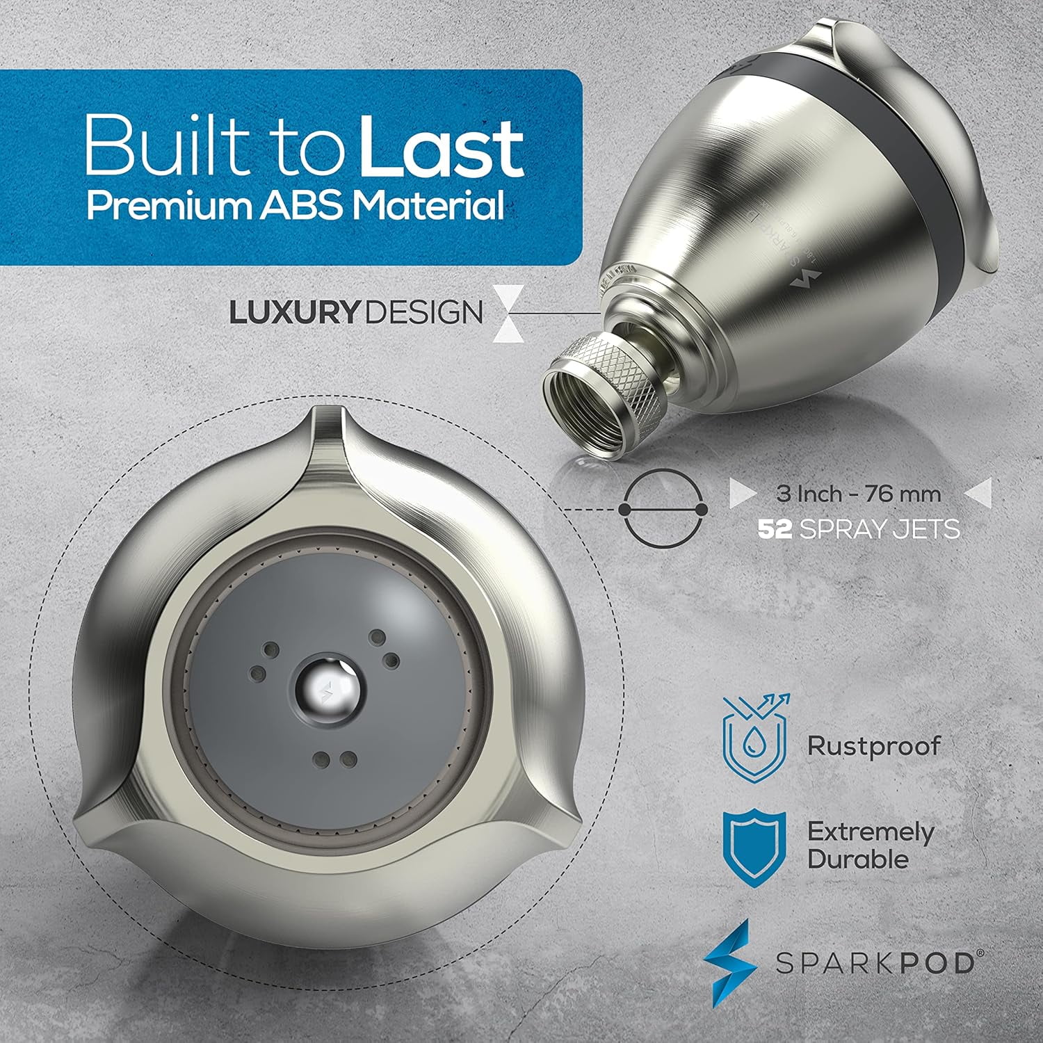 SparkPod High Pressure Shower Head - Rain, Massage & Pulsating Modes, Water-Saving, Wall Mount (Brushed Nickel)