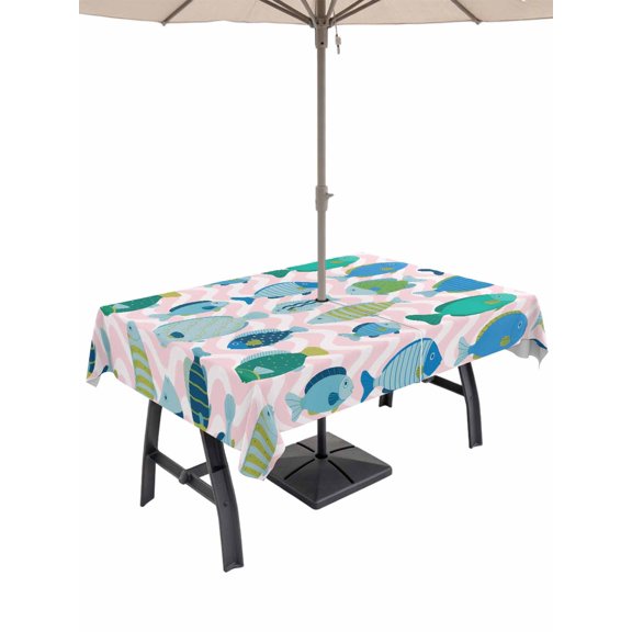 Outdoor Tablecloth with Umbrella Hole for Patio/Picnic/Party/Camping, Pink Fishes Waterproof Table Cloth Rectangle Table Cover Washable, Cartoon Coastal Ocean Fish Striped (60"x 120")