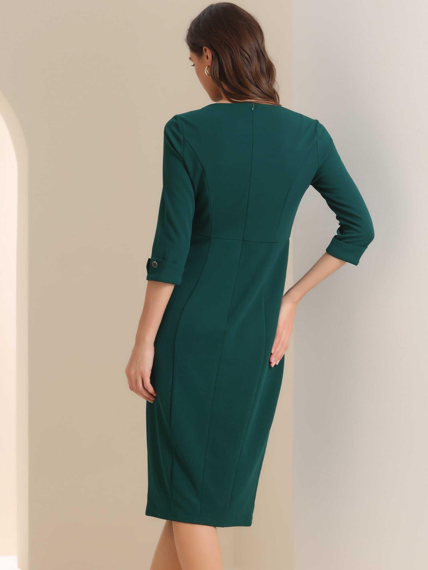 DARING DIVA Elegant Boat Neck 3/4 Sleeves Midi Split Sheath Dress S Deep Green