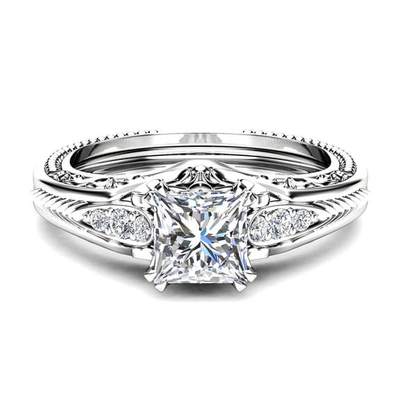 Seven Stone Vintage Diamond Ring, Princess Cut Diamond Engagement Wedding Ring, Antique Openwork Filigree Engraved Shank Ring, 925 Sterling Silver, 2.1 Ct Simulated Diamond