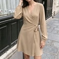 thumbnail image 2 of Cmfcve Wrap Dresses for Women A-Line Casual Long Sleeve v Neck Tie Waist Mini Dress, 2 of 3