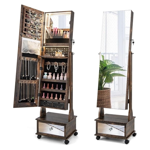 Jewelry Armoire Full Length Mirror, Lockable Jewelry Cabinet Organizer with Wheels & Lights (Rustic Brown)