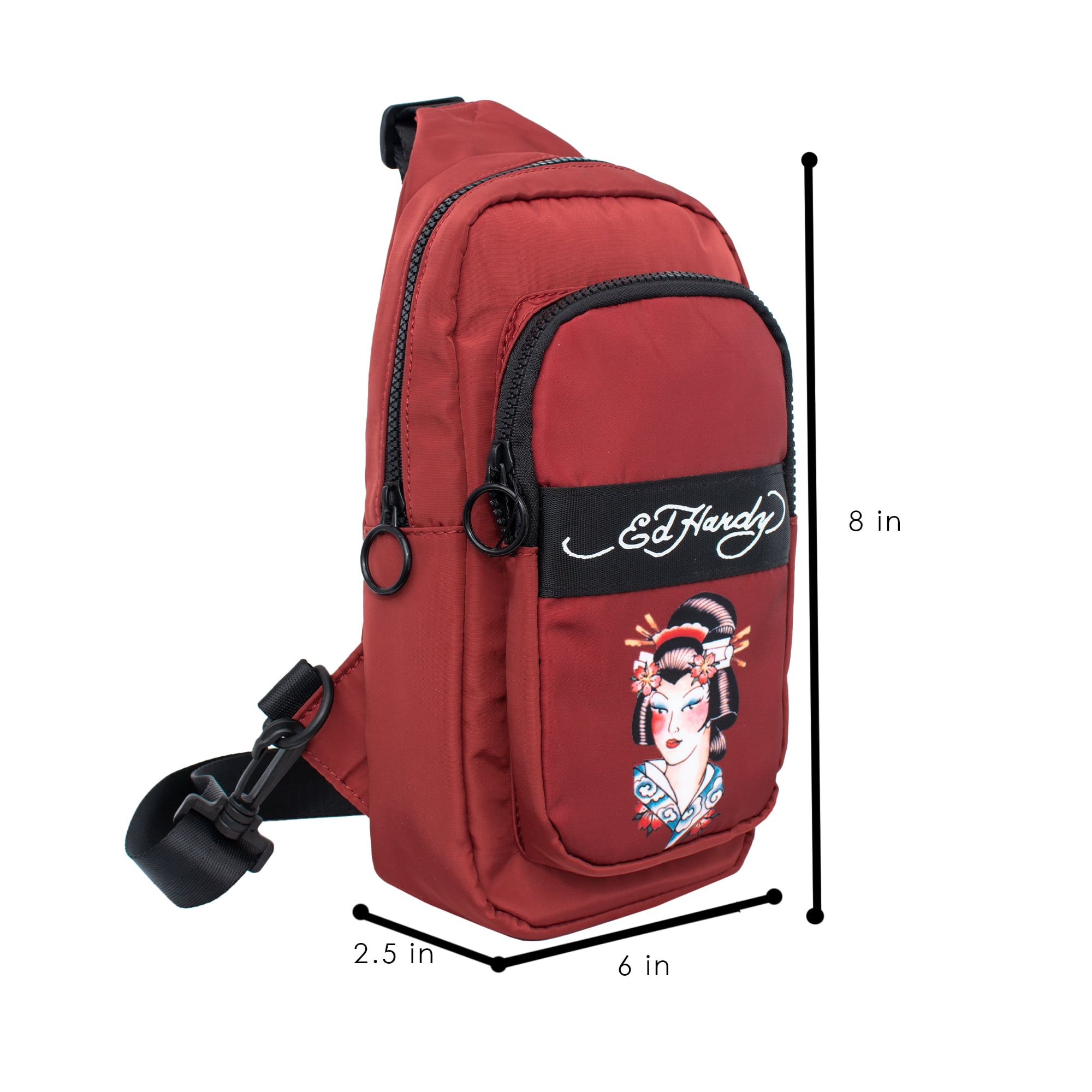 Ed Hardy Unisex Nylon Geisha on Burgundy Sling Messenger Bag with Adjustable Strap