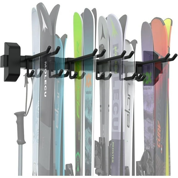 32'' Ski Rack Wall Mount,10 Pairs Ski Holders for Wall with Movable Rubber-Coated Hooks for Garage Storage Organizer System,Snowboard Wall Mount for Garage and Home Shed, Holds Up to 600lbs
