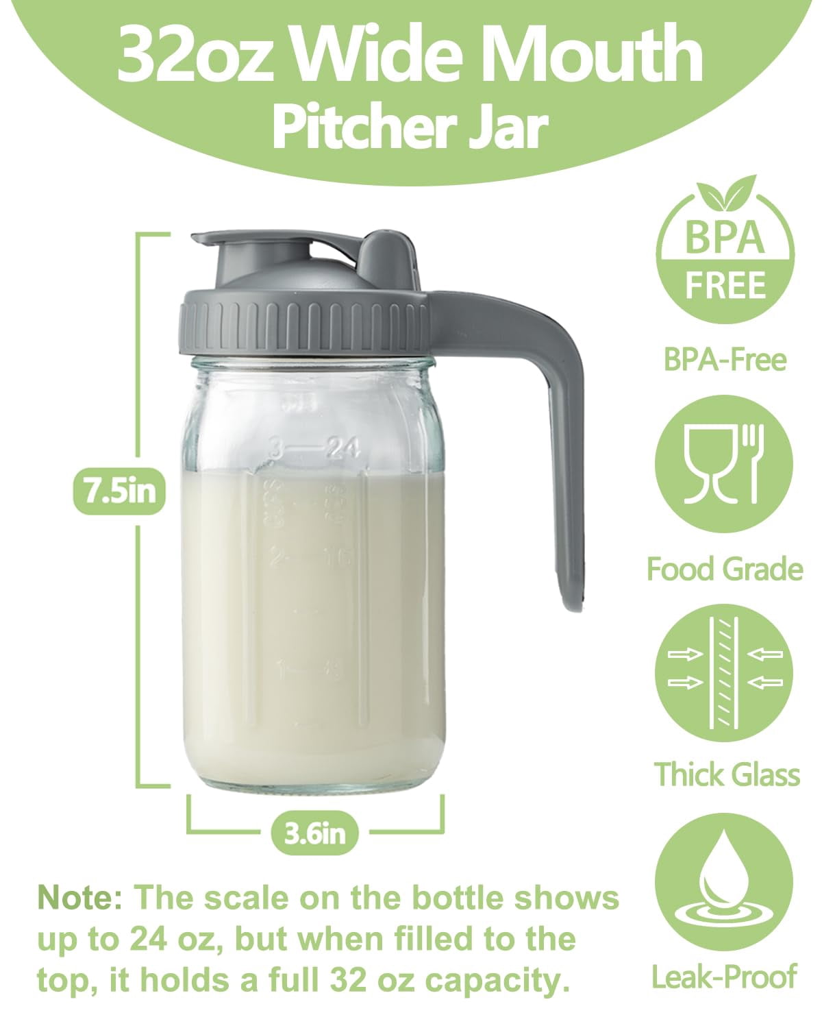 2 Pack 32oz Glass Pitcher With Lid & V-shaped Pour Spout - 1 Quart Breastmilk Double Leak Proof  Creamer Container For Sun Tea Juice Cold Brew Coffee Storage