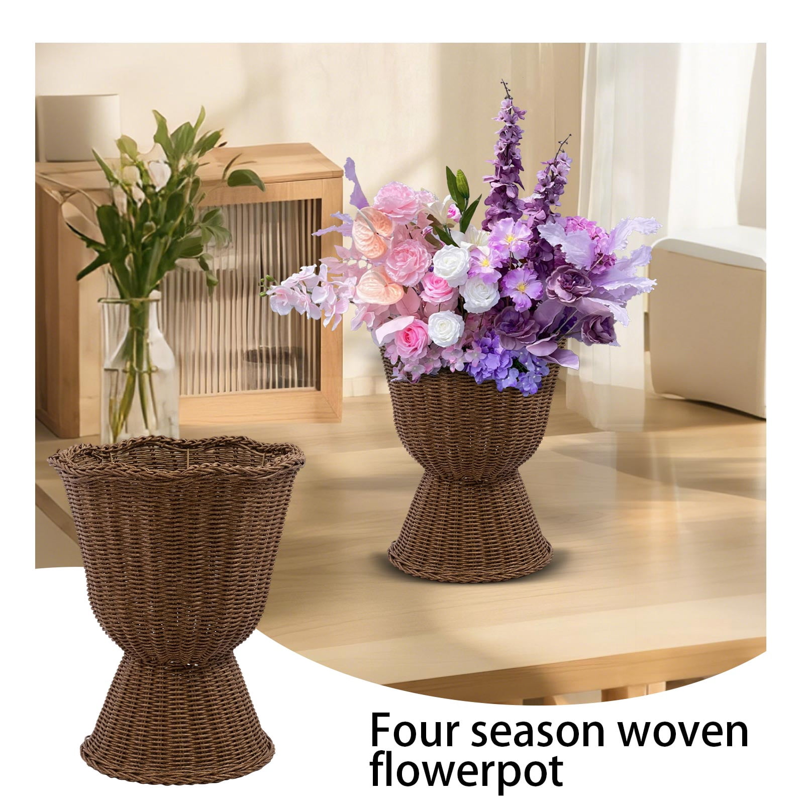 16" Woven Resin Urn Planter, Decorative Rattan-Style Wicker Flower Pot with Waterproof Lining for Indoor Outdoor Home Decor
