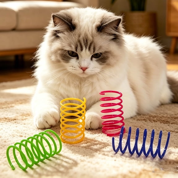 Fountwell 4 Colors Cat Spring Toys for Indoor Cats Interactive Coil Springs for Self Play Durable Heavy Plastic Cat Spiral Spring