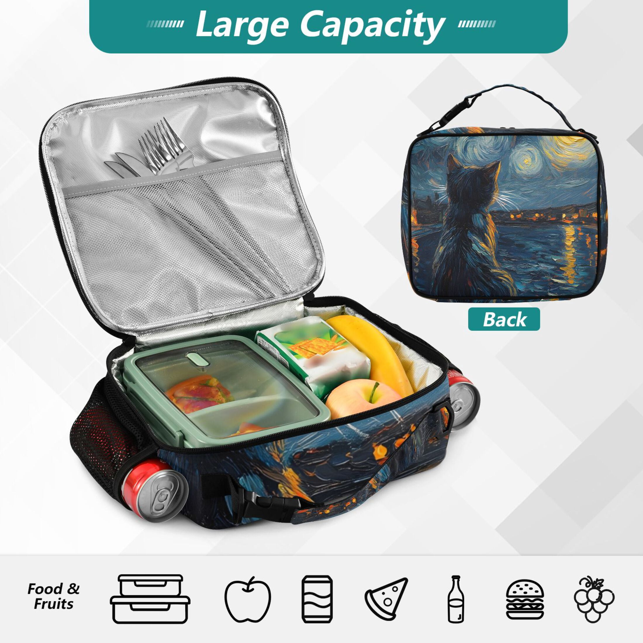 ALAZA Starry Night Cat Lunch Box Insulated Lunch Bag Cooler Tote with Shoulder Strap