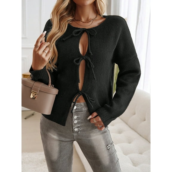 Women's Tie Front Knit Cardigan with Long Sleeves and Open Front Design - Small, Black